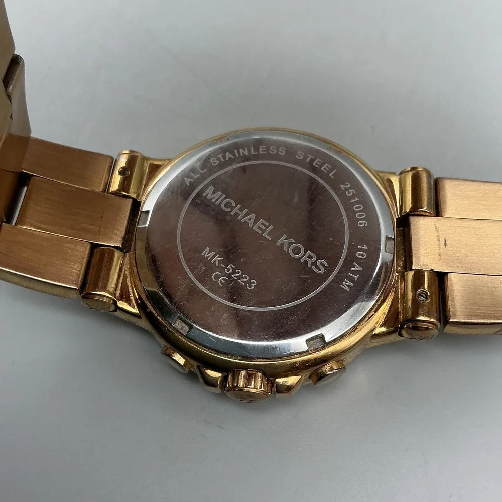 Michael Kors Womens Watch 38mm Gold Tone Chronograph MK-5223 New Battery 7" - Picture 9 of 13